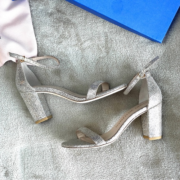 Stuart Weitzman Nudistcurve Glitter Block-Heel Sandals Platino (7) - Picture 11 of 16